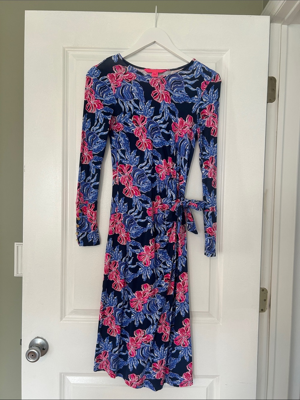 Lilly Pulitzer Navy Long-Sleeve Floral Tie-Waist Dress with Pink & Blue Flowers